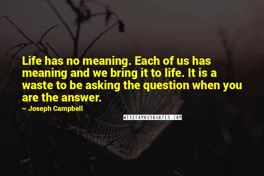 Joseph Campbell Quotes: Life has no meaning. Each of us has meaning and we bring it to life. It is a waste to be asking the question when you are the answer.