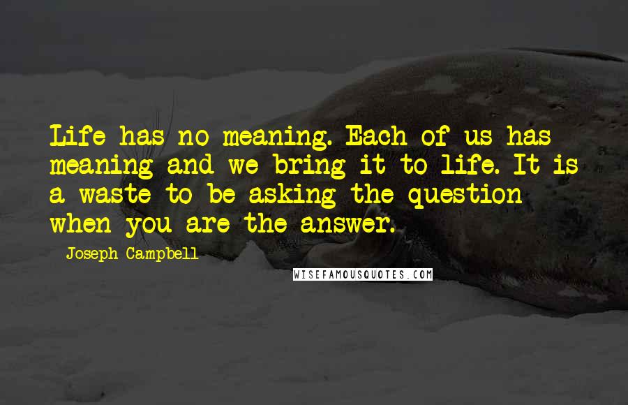 Joseph Campbell Quotes: Life has no meaning. Each of us has meaning and we bring it to life. It is a waste to be asking the question when you are the answer.
