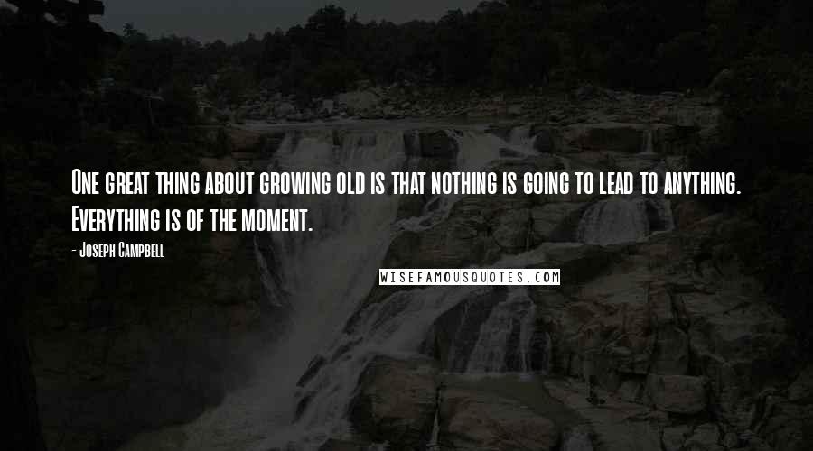 Joseph Campbell Quotes: One great thing about growing old is that nothing is going to lead to anything. Everything is of the moment.