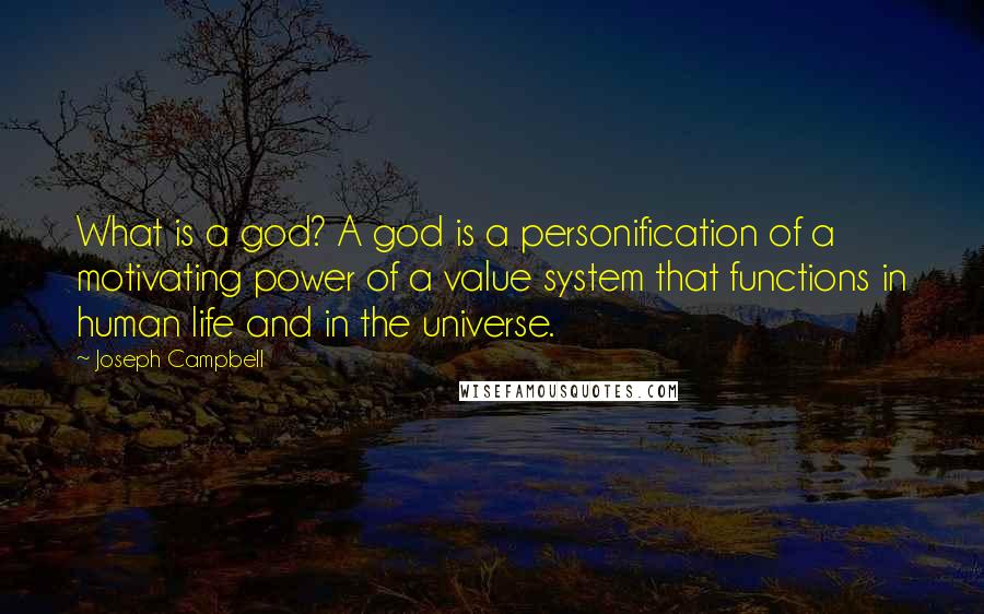 Joseph Campbell Quotes: What is a god? A god is a personification of a motivating power of a value system that functions in human life and in the universe.