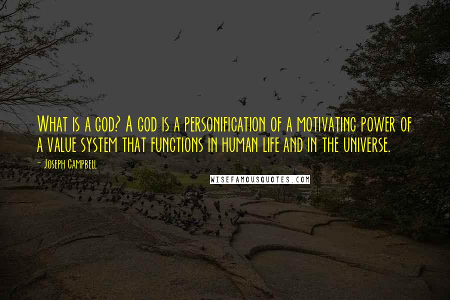 Joseph Campbell Quotes: What is a god? A god is a personification of a motivating power of a value system that functions in human life and in the universe.