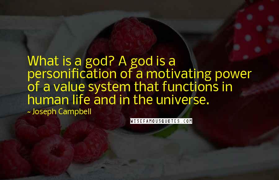 Joseph Campbell Quotes: What is a god? A god is a personification of a motivating power of a value system that functions in human life and in the universe.