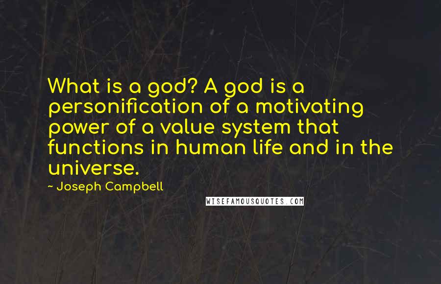 Joseph Campbell Quotes: What is a god? A god is a personification of a motivating power of a value system that functions in human life and in the universe.