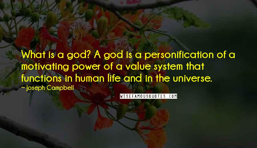 Joseph Campbell Quotes: What is a god? A god is a personification of a motivating power of a value system that functions in human life and in the universe.