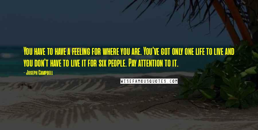 Joseph Campbell Quotes: You have to have a feeling for where you are. You've got only one life to live and you don't have to live it for six people. Pay attention to it.