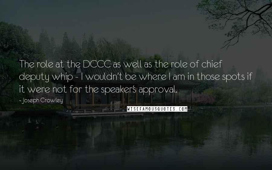 Joseph Crowley Quotes: The role at the DCCC as well as the role of chief deputy whip - I wouldn't be where I am in those spots if it were not for the speaker's approval.