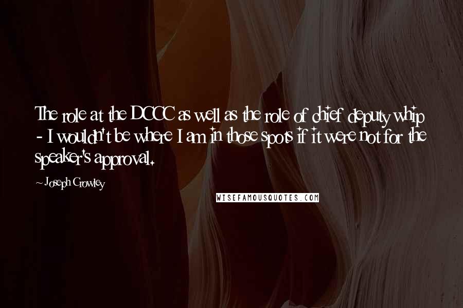 Joseph Crowley Quotes: The role at the DCCC as well as the role of chief deputy whip - I wouldn't be where I am in those spots if it were not for the speaker's approval.