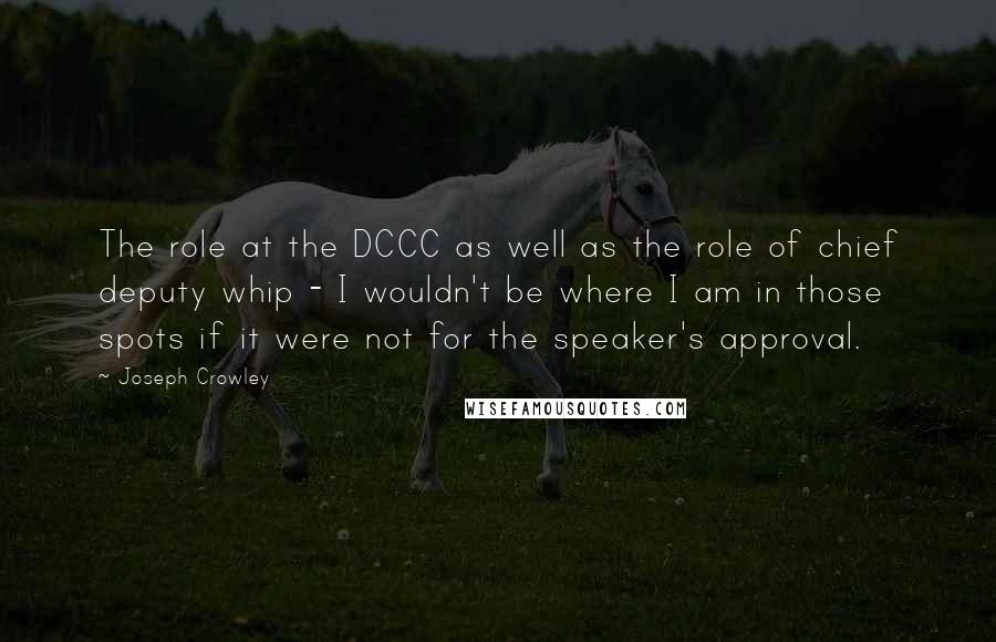 Joseph Crowley Quotes: The role at the DCCC as well as the role of chief deputy whip - I wouldn't be where I am in those spots if it were not for the speaker's approval.