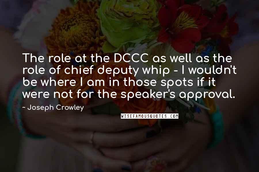 Joseph Crowley Quotes: The role at the DCCC as well as the role of chief deputy whip - I wouldn't be where I am in those spots if it were not for the speaker's approval.