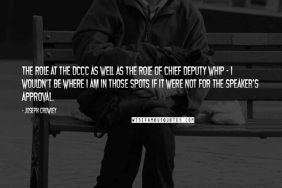 Joseph Crowley Quotes: The role at the DCCC as well as the role of chief deputy whip - I wouldn't be where I am in those spots if it were not for the speaker's approval.
