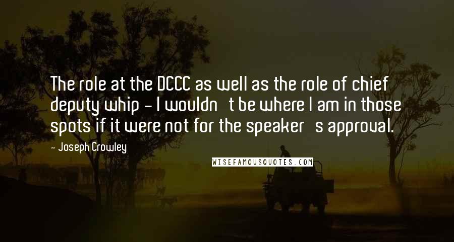 Joseph Crowley Quotes: The role at the DCCC as well as the role of chief deputy whip - I wouldn't be where I am in those spots if it were not for the speaker's approval.