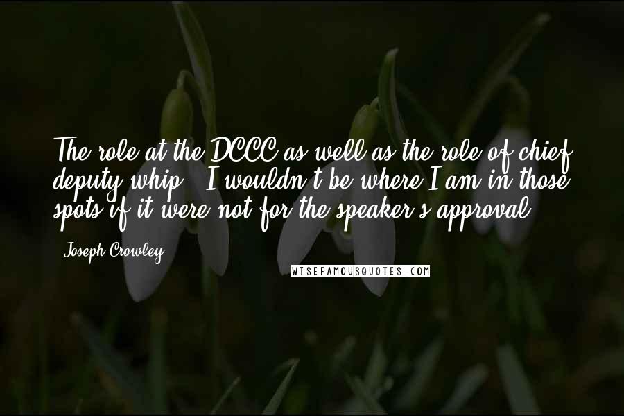 Joseph Crowley Quotes: The role at the DCCC as well as the role of chief deputy whip - I wouldn't be where I am in those spots if it were not for the speaker's approval.
