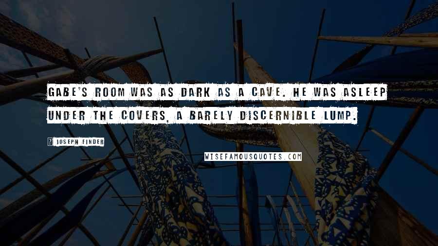 Joseph Finder Quotes: Gabe's room was as dark as a cave. He was asleep under the covers, a barely discernible lump.