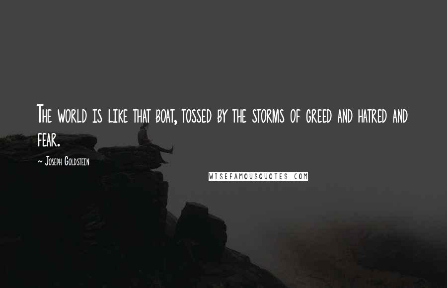 Joseph Goldstein Quotes: The world is like that boat, tossed by the storms of greed and hatred and fear.