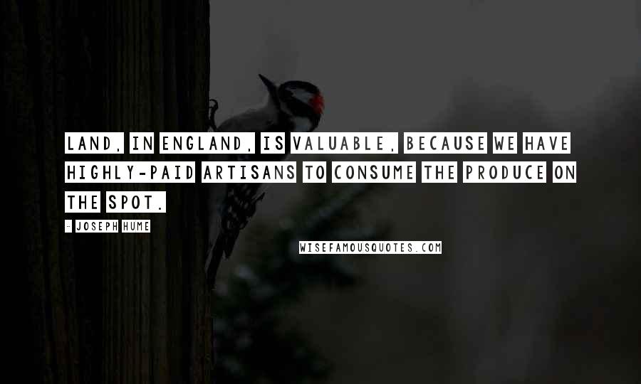 Joseph Hume Quotes: Land, in England, is valuable, because we have highly-paid artisans to consume the produce on the spot.