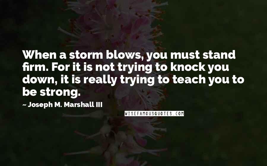 Joseph M. Marshall III Quotes: When a storm blows, you must stand firm. For it is not trying to knock you down, it is really trying to teach you to be strong.