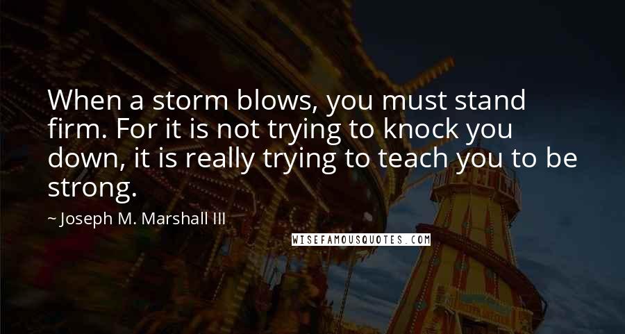 Joseph M. Marshall III Quotes: When a storm blows, you must stand firm. For it is not trying to knock you down, it is really trying to teach you to be strong.