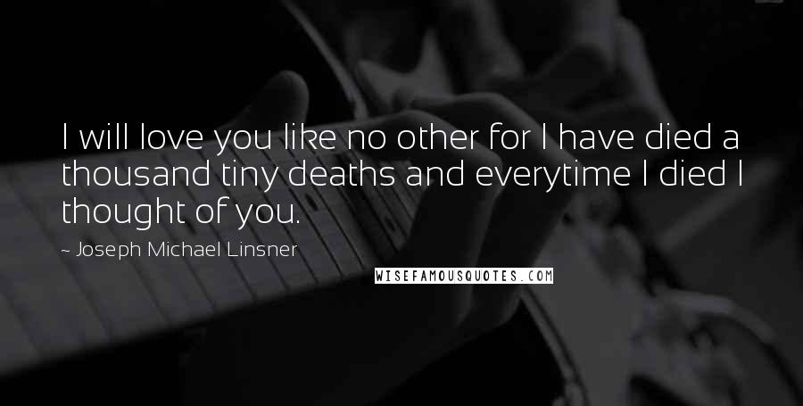 Joseph Michael Linsner Quotes: I will love you like no other for I have died a thousand tiny deaths and everytime I died I thought of you.