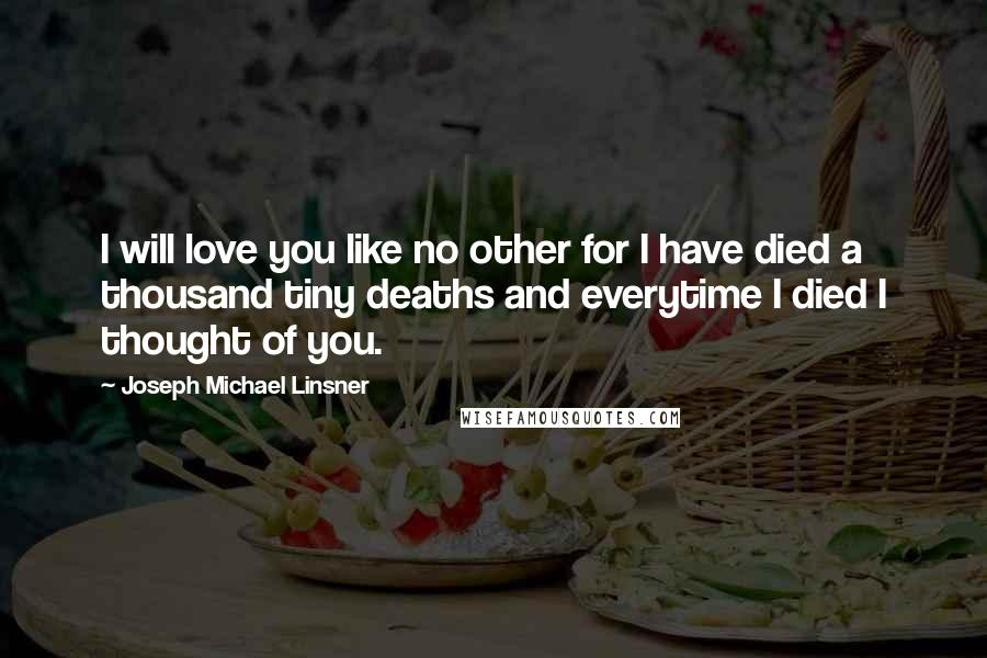 Joseph Michael Linsner Quotes: I will love you like no other for I have died a thousand tiny deaths and everytime I died I thought of you.