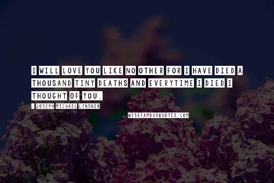 Joseph Michael Linsner Quotes: I will love you like no other for I have died a thousand tiny deaths and everytime I died I thought of you.