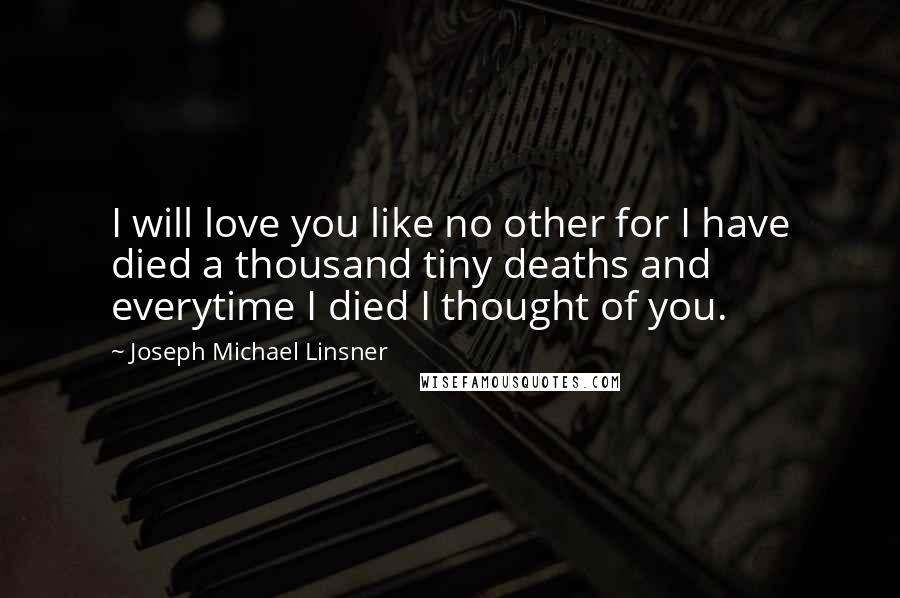 Joseph Michael Linsner Quotes: I will love you like no other for I have died a thousand tiny deaths and everytime I died I thought of you.