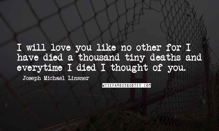 Joseph Michael Linsner Quotes: I will love you like no other for I have died a thousand tiny deaths and everytime I died I thought of you.