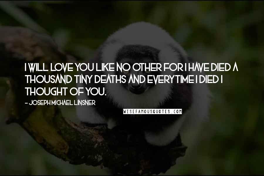 Joseph Michael Linsner Quotes: I will love you like no other for I have died a thousand tiny deaths and everytime I died I thought of you.