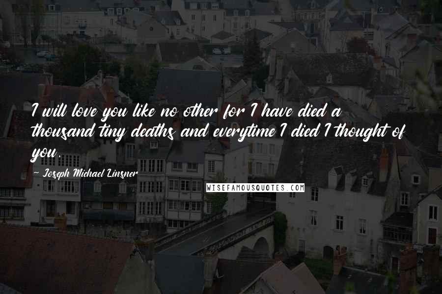 Joseph Michael Linsner Quotes: I will love you like no other for I have died a thousand tiny deaths and everytime I died I thought of you.