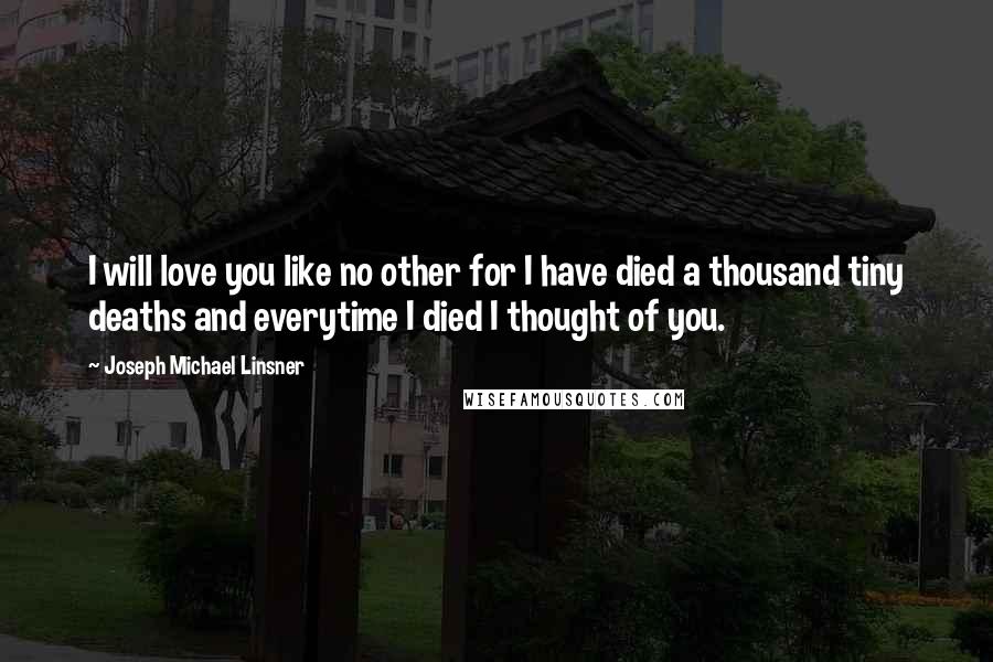 Joseph Michael Linsner Quotes: I will love you like no other for I have died a thousand tiny deaths and everytime I died I thought of you.