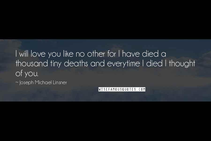 Joseph Michael Linsner Quotes: I will love you like no other for I have died a thousand tiny deaths and everytime I died I thought of you.