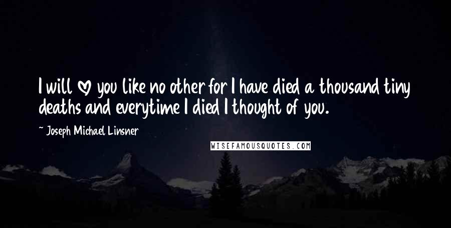 Joseph Michael Linsner Quotes: I will love you like no other for I have died a thousand tiny deaths and everytime I died I thought of you.