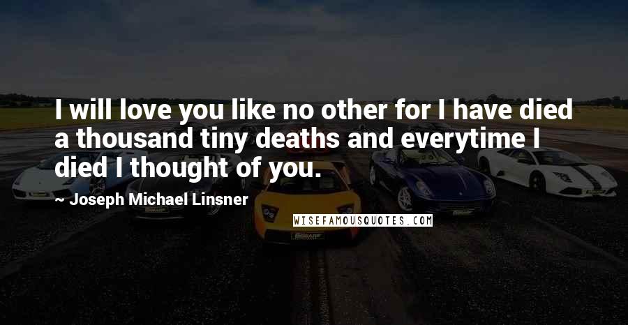 Joseph Michael Linsner Quotes: I will love you like no other for I have died a thousand tiny deaths and everytime I died I thought of you.