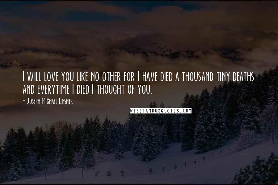 Joseph Michael Linsner Quotes: I will love you like no other for I have died a thousand tiny deaths and everytime I died I thought of you.