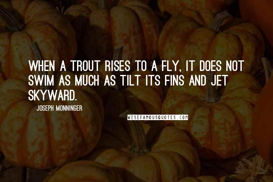 Joseph Monninger Quotes: When a trout rises to a fly, it does not swim as much as tilt its fins and jet skyward.