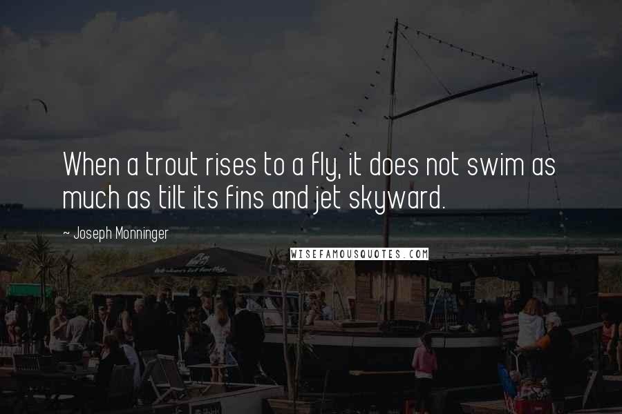 Joseph Monninger Quotes: When a trout rises to a fly, it does not swim as much as tilt its fins and jet skyward.