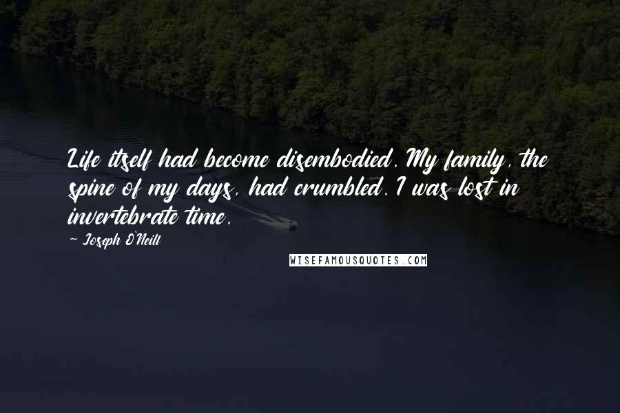 Joseph O'Neill Quotes: Life itself had become disembodied. My family, the spine of my days, had crumbled. I was lost in invertebrate time.