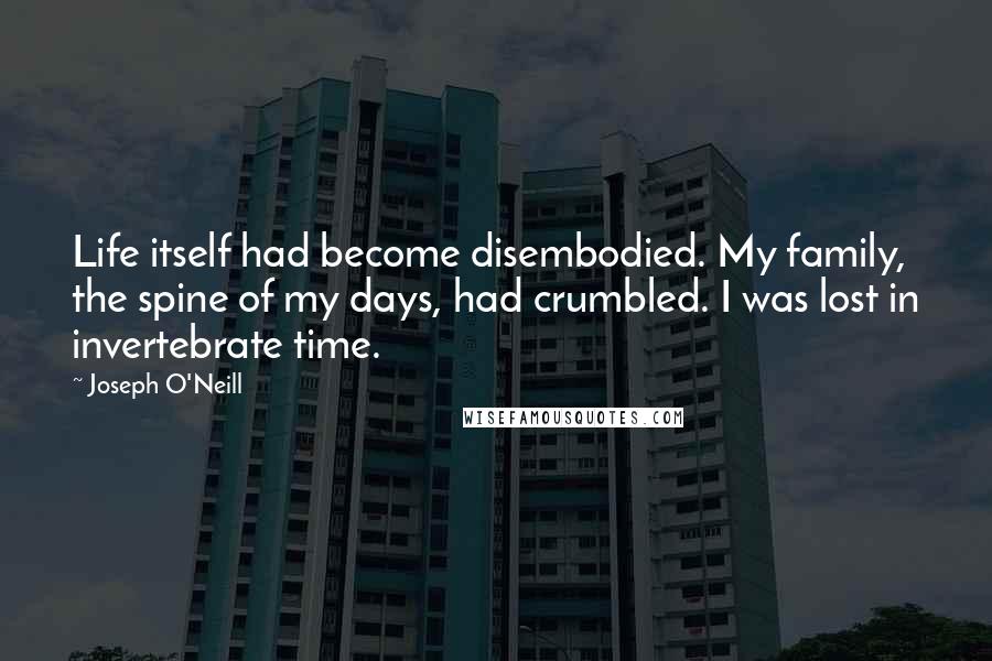 Joseph O'Neill Quotes: Life itself had become disembodied. My family, the spine of my days, had crumbled. I was lost in invertebrate time.