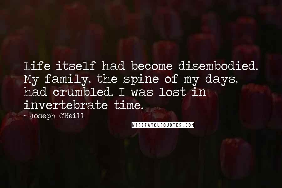 Joseph O'Neill Quotes: Life itself had become disembodied. My family, the spine of my days, had crumbled. I was lost in invertebrate time.