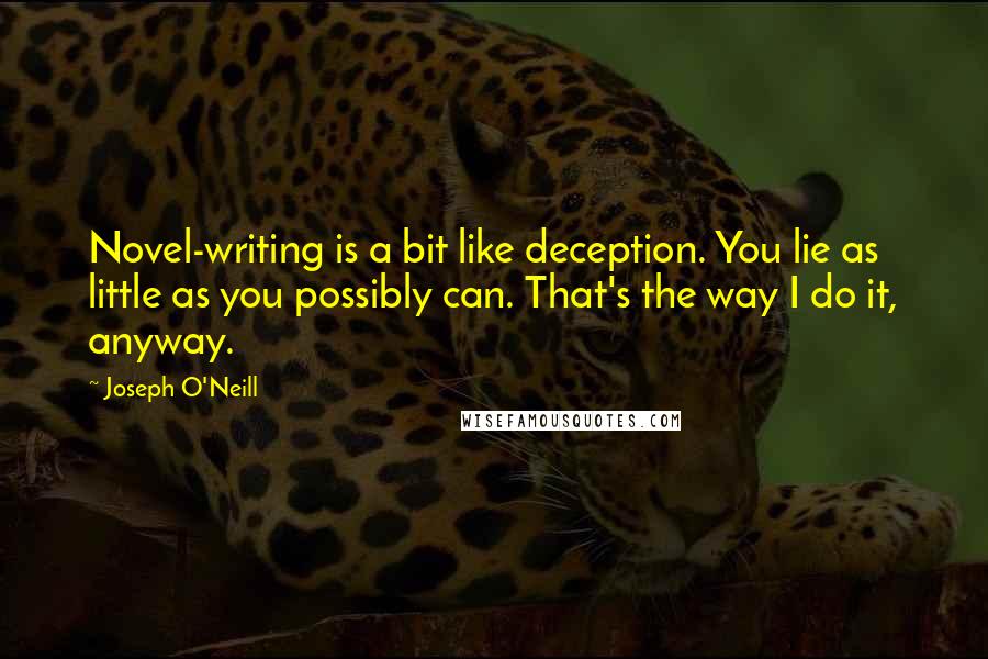 Joseph O'Neill Quotes: Novel-writing is a bit like deception. You lie as little as you possibly can. That's the way I do it, anyway.