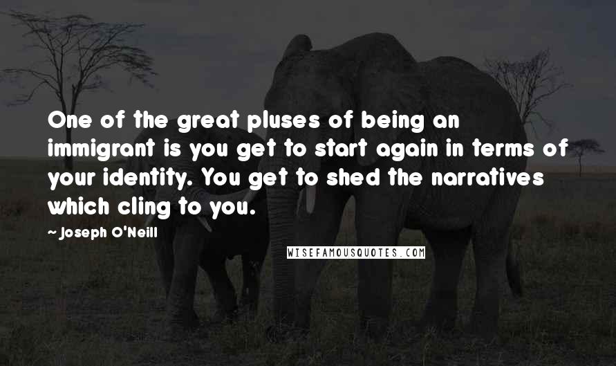 Joseph O'Neill Quotes: One of the great pluses of being an immigrant is you get to start again in terms of your identity. You get to shed the narratives which cling to you.