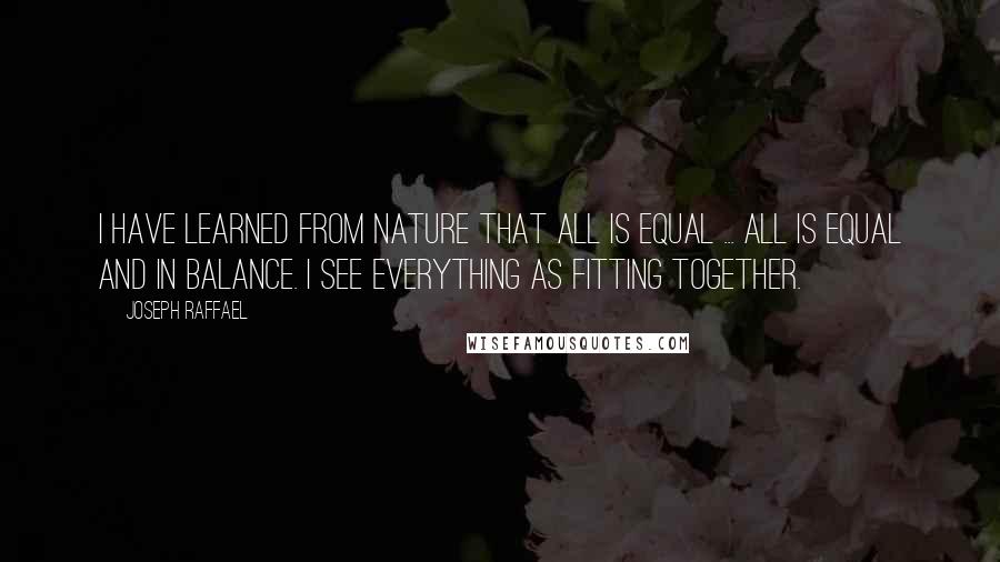 Joseph Raffael Quotes: I have learned from nature that all is equal ... all is equal and in balance. I see everything as fitting together.