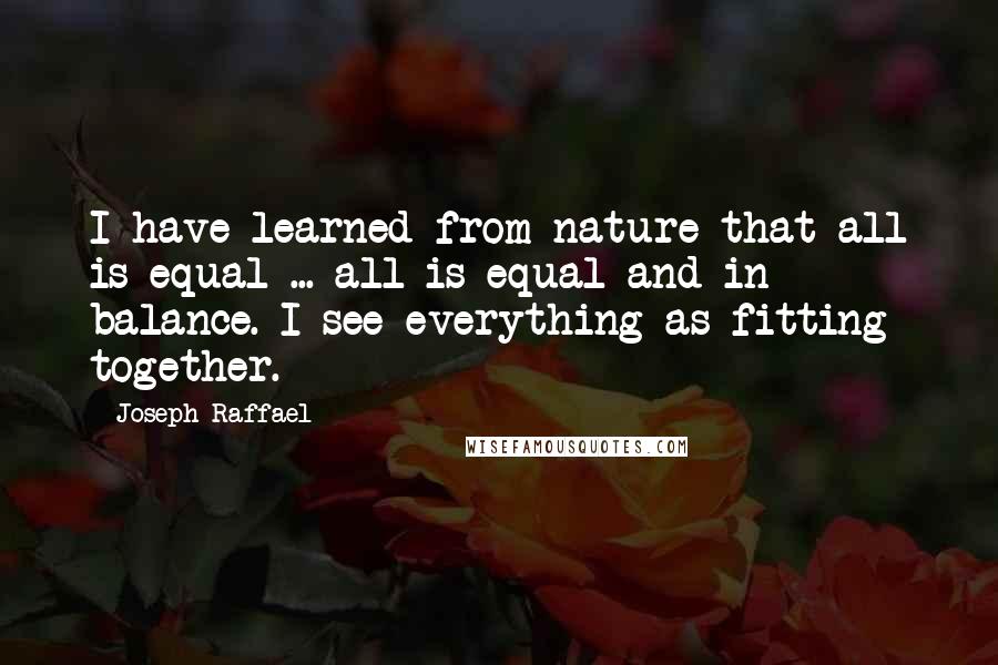 Joseph Raffael Quotes: I have learned from nature that all is equal ... all is equal and in balance. I see everything as fitting together.