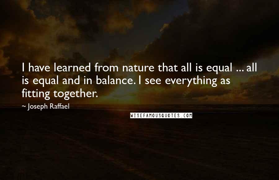 Joseph Raffael Quotes: I have learned from nature that all is equal ... all is equal and in balance. I see everything as fitting together.