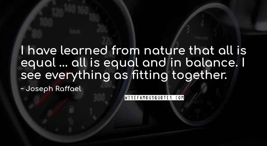 Joseph Raffael Quotes: I have learned from nature that all is equal ... all is equal and in balance. I see everything as fitting together.