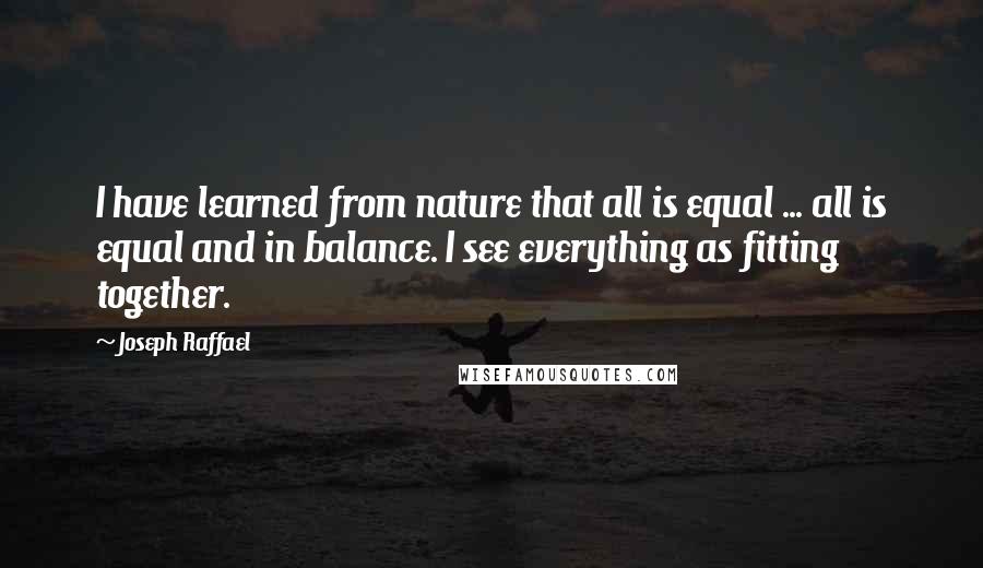 Joseph Raffael Quotes: I have learned from nature that all is equal ... all is equal and in balance. I see everything as fitting together.