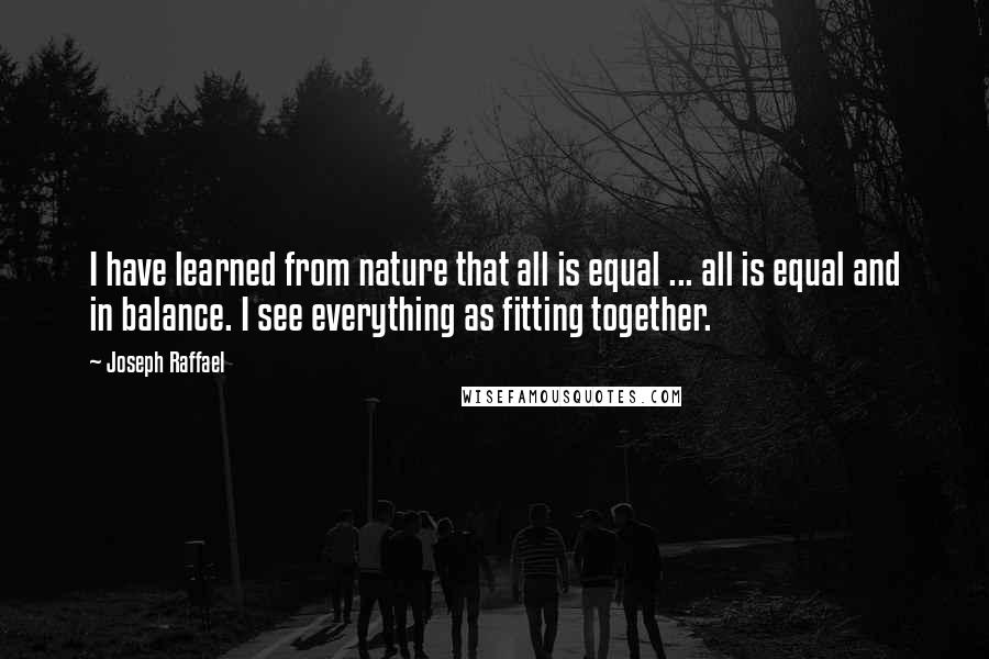 Joseph Raffael Quotes: I have learned from nature that all is equal ... all is equal and in balance. I see everything as fitting together.