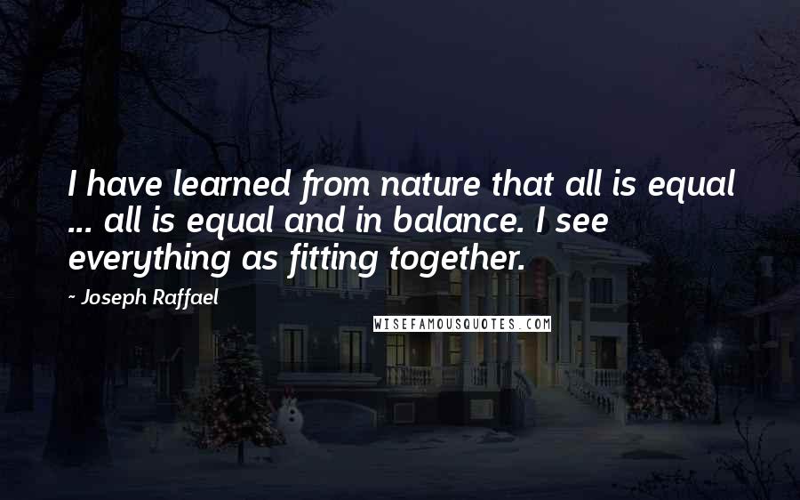 Joseph Raffael Quotes: I have learned from nature that all is equal ... all is equal and in balance. I see everything as fitting together.