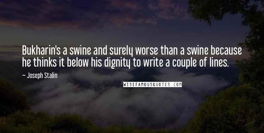 Joseph Stalin Quotes: Bukharin's a swine and surely worse than a swine because he thinks it below his dignity to write a couple of lines.