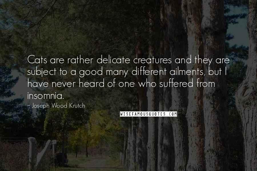 Joseph Wood Krutch Quotes: Cats are rather delicate creatures and they are subject to a good many different ailments, but I have never heard of one who suffered from insomnia.