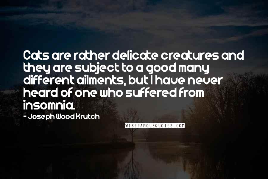 Joseph Wood Krutch Quotes: Cats are rather delicate creatures and they are subject to a good many different ailments, but I have never heard of one who suffered from insomnia.